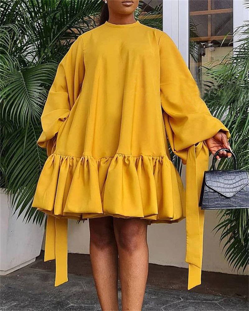 

Plus Size Lantern Sleeve Ruffle Hem Tied Detail Swing Dress, Yellow