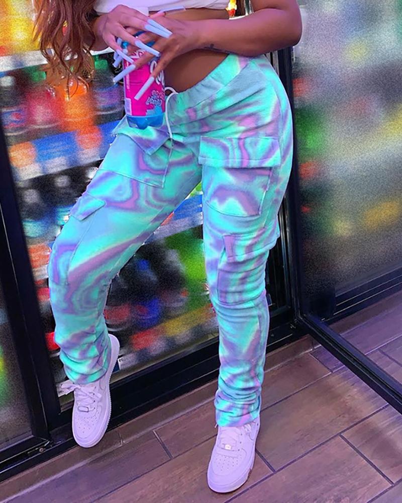 

Colorblock Drawstring Pocket Design Casual Pants, Sky blue