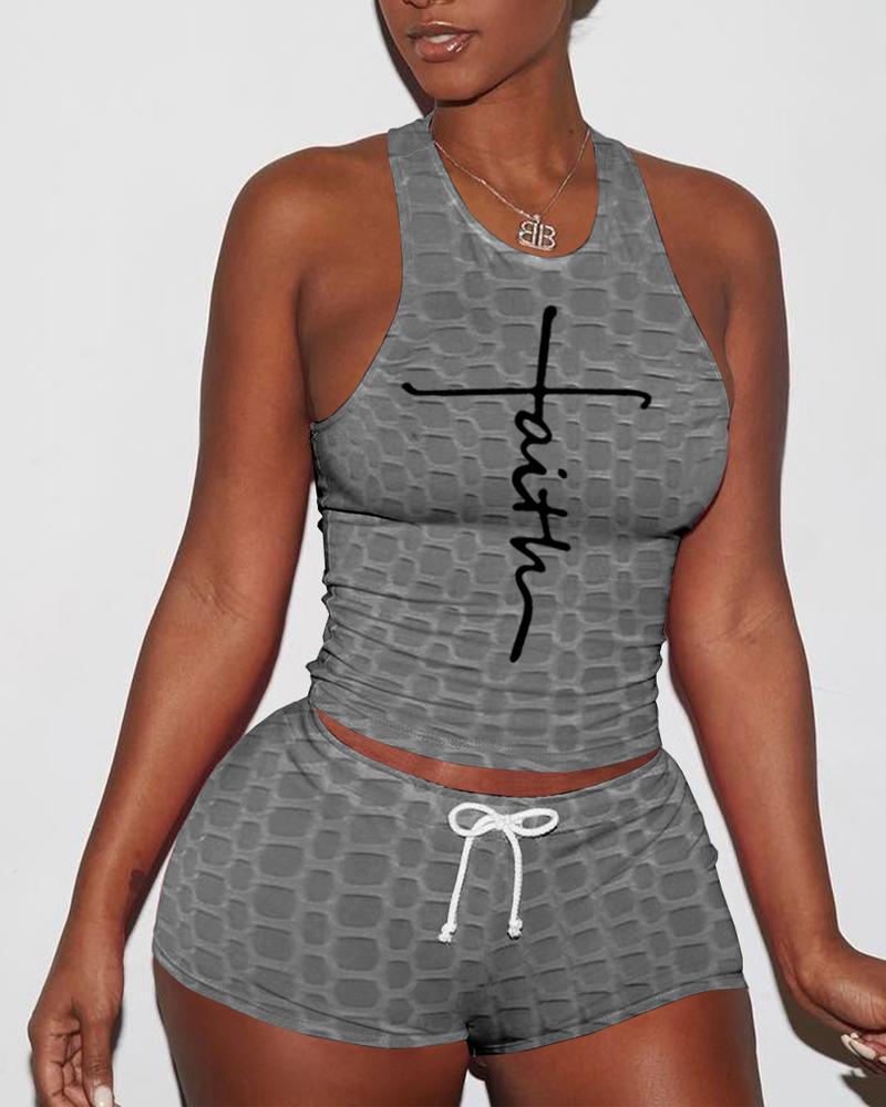 

Letter Print Textured Drawstring Active Set, Gray