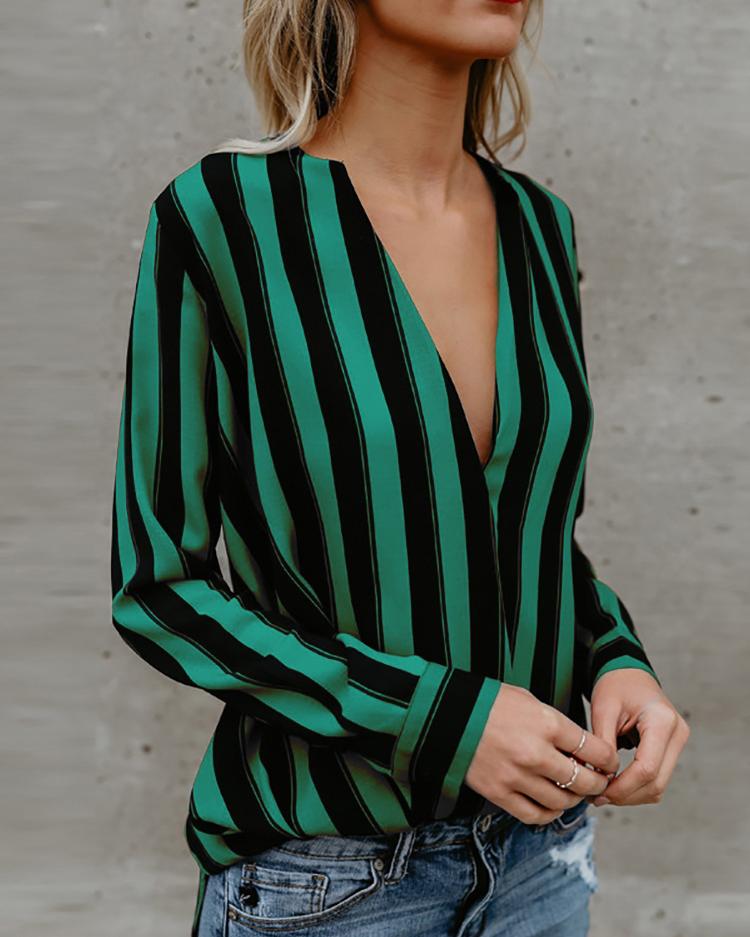 

Stripes Deep V Long Sleeve Casual Blouse, Green