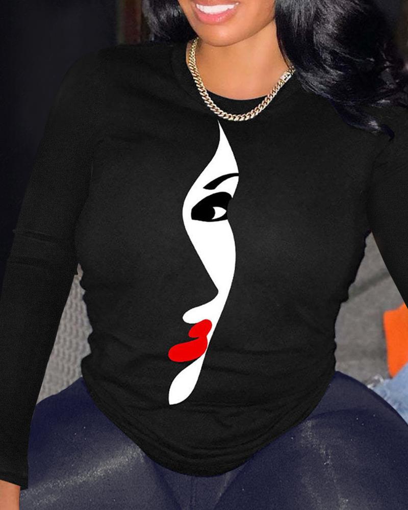 

Figure Print Long Sleeve Casual Top, Blackwhite