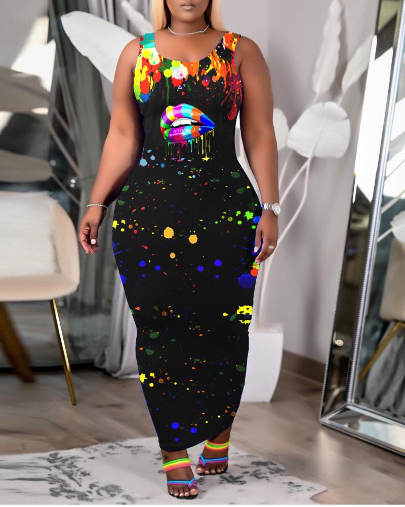 

Plus Size Ink Splash Lip Print Casual Tank Dress, Black