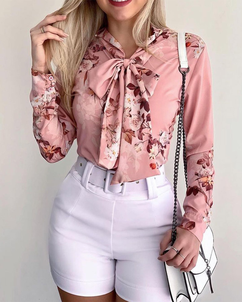 

Floral Print Tie Neck Long Sleeve Top, Multicolor