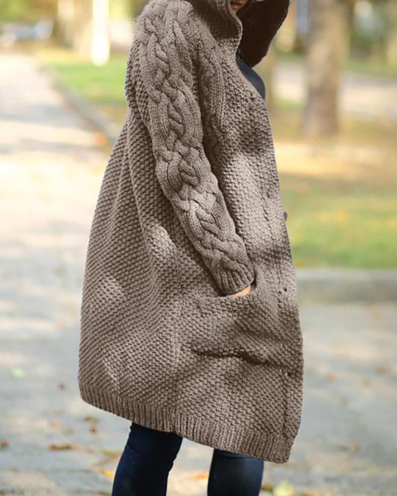 

Long Sleeve Hooded Buttoned Knit Braided Cardigan, Khaki
