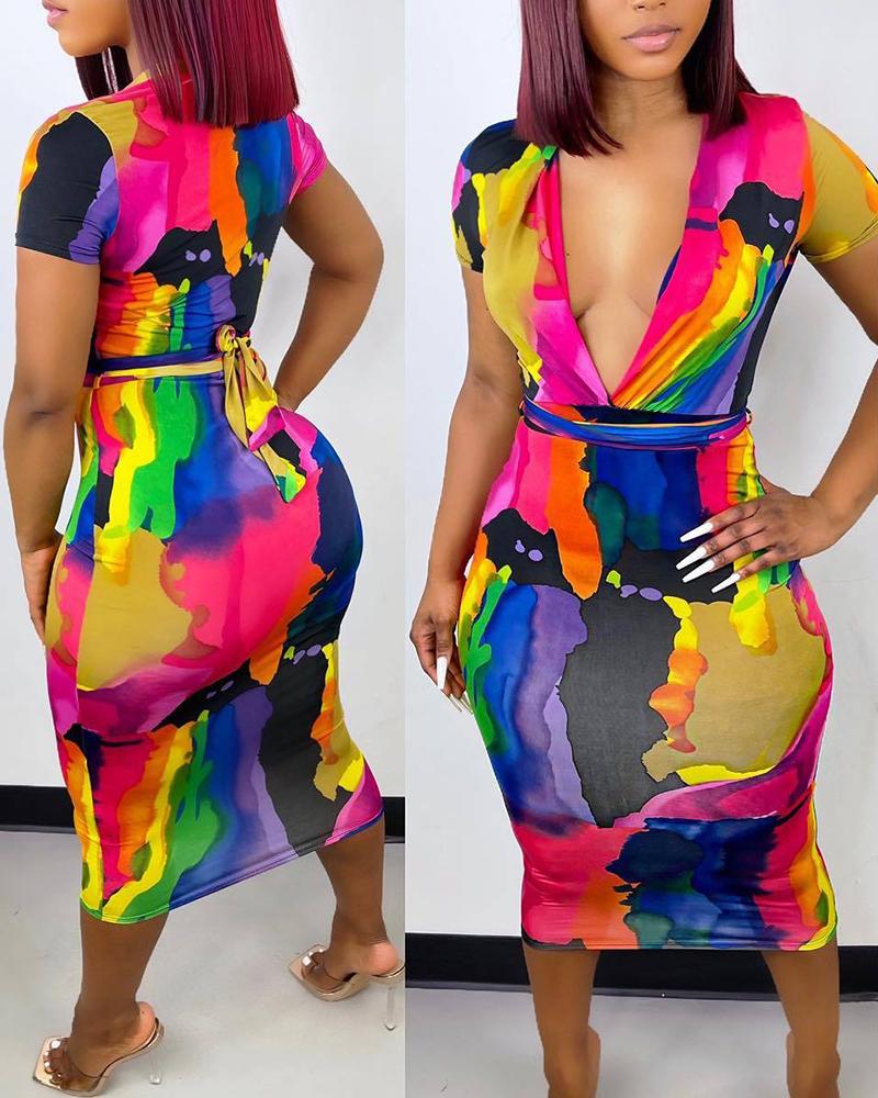 

Tie Dye Print Plunge Tied Detail Bodycon Dress, Multicolor