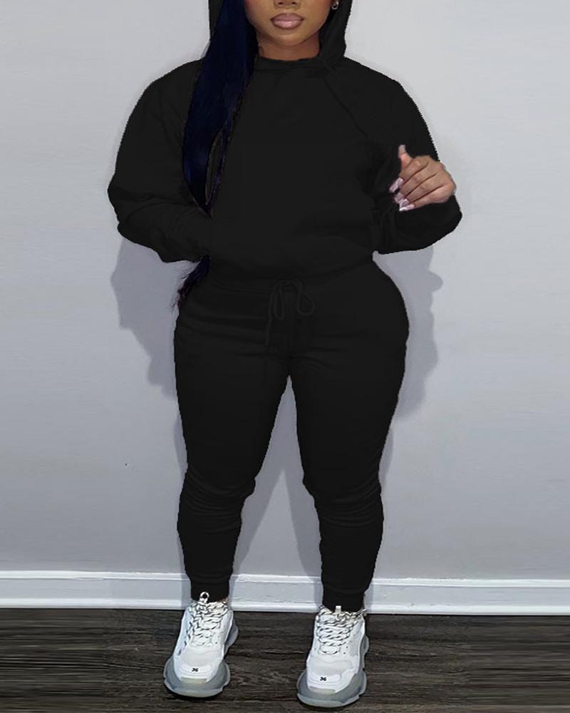 

Plus Size Long Sleeve Drawstring Hoodie & Pants Set, Black