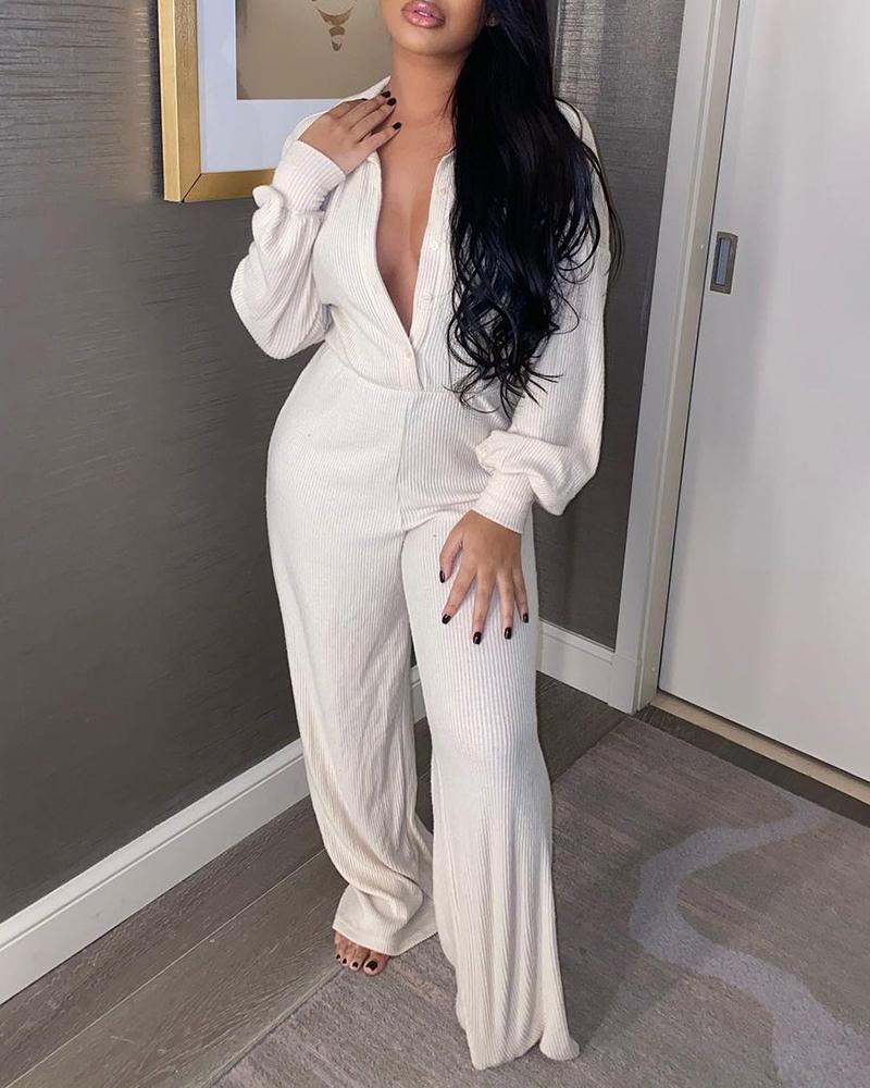 

Lantern Sleeve Plunge Wide Leg Jumpsuit, White