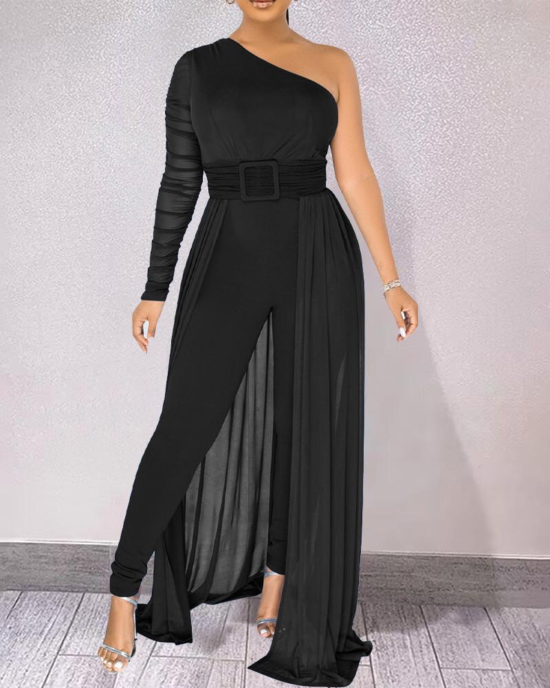 

One Shoulder Sheer Mesh Ruched Jumpsuit, Black