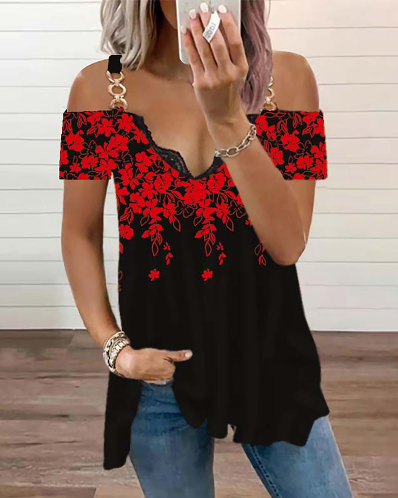 

Floral Print Chain Strap Cold Shoulder Top, Red