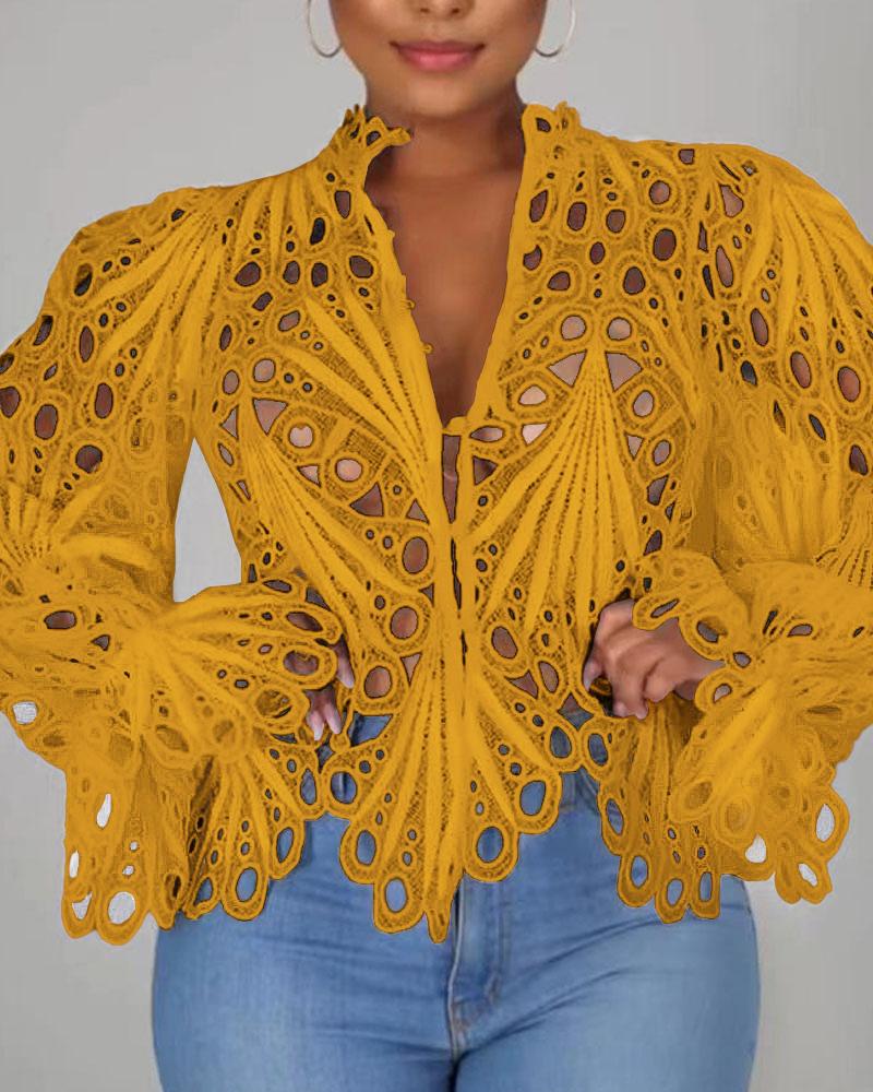 

Eyelet Embroidery Button Front Bell Sleeve Top, Yellow