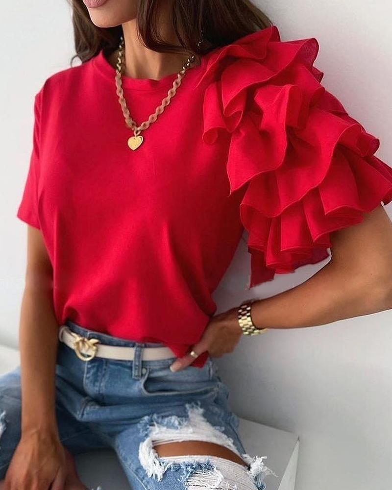 

Layered Ruffles Short Sleeve T-shirt, Red