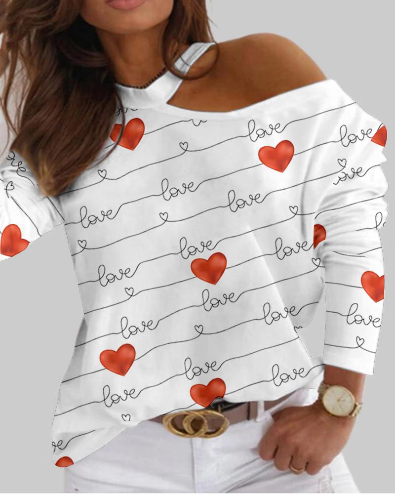 

Plus Size Valentine's Day Love Heart Print Cold Shoulder Top, White