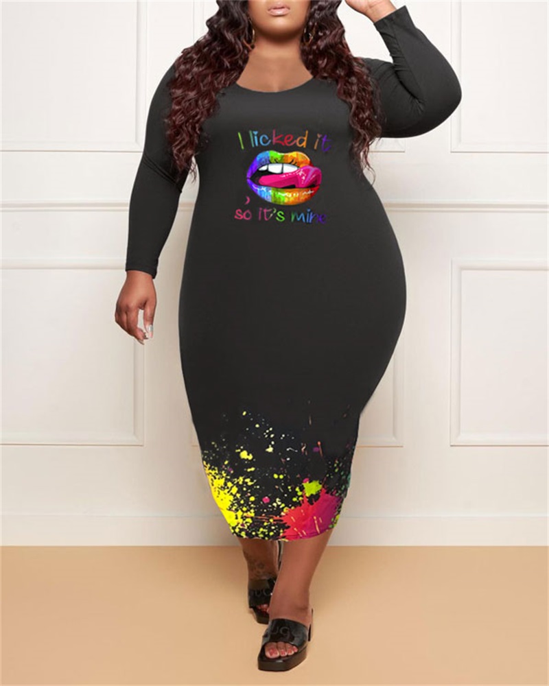 

Plus Size Lip Letter Ink Splash Print Long Sleeve Dress, Black
