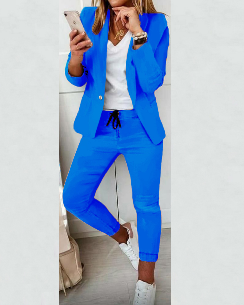 

Lapel Neck Blazer Coat & Drawstring Pants Set, Blue