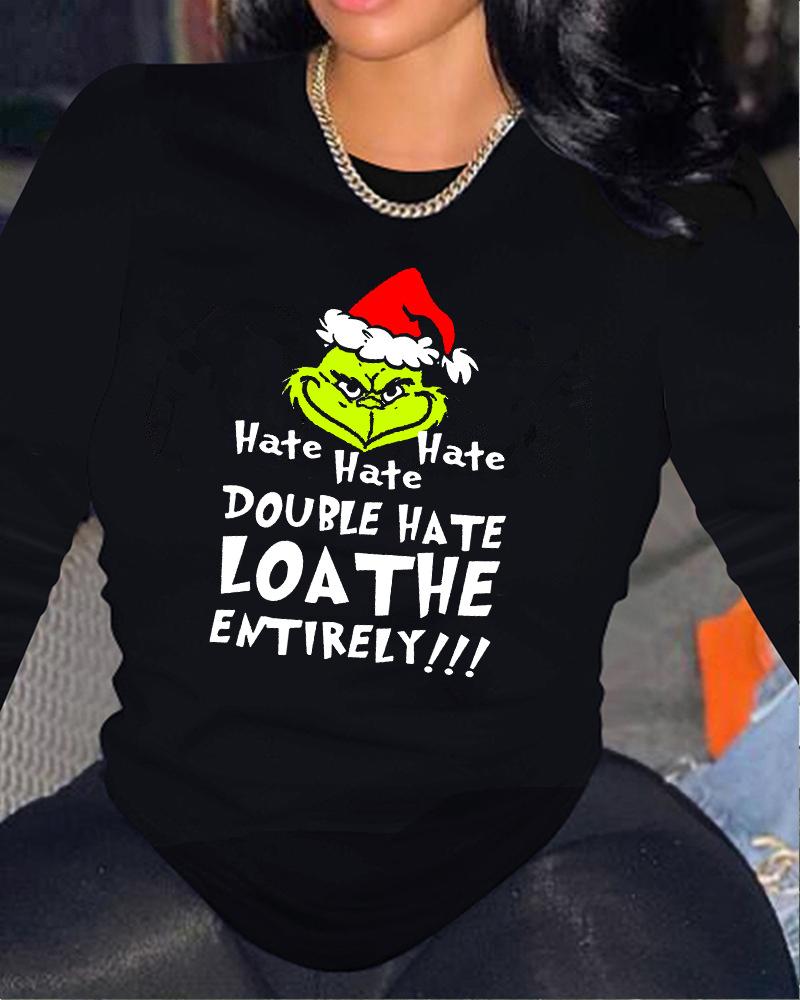 

Grinch Stole Christmas Print Long Sleeve Top, Black