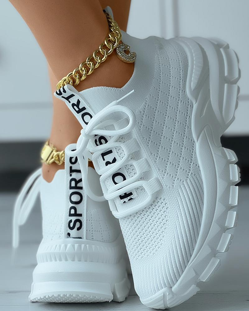 

Lace-up Letter Print Breathable Sneakers, White