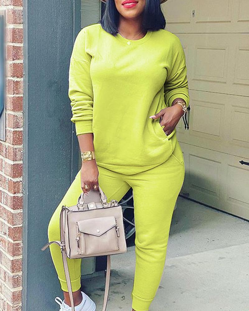 

Pocket Design Casual Women Top & Pants Set, Green