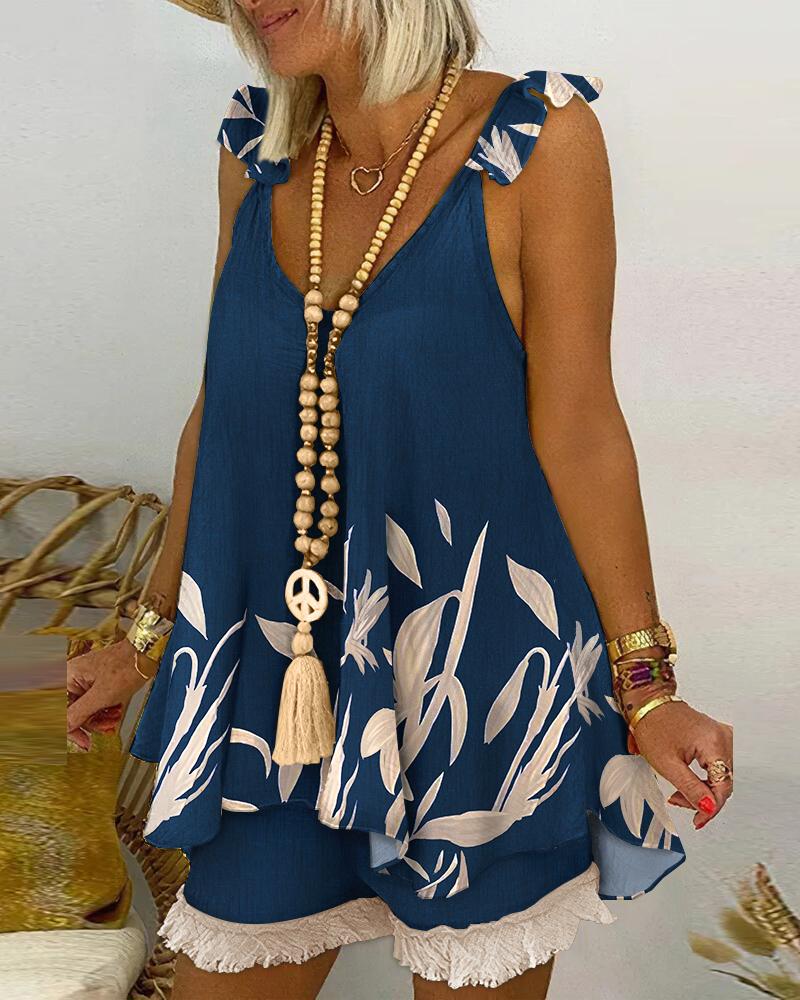 

Plants Print Sleeveless Flowy Top & Shorts Set, Purplish blue