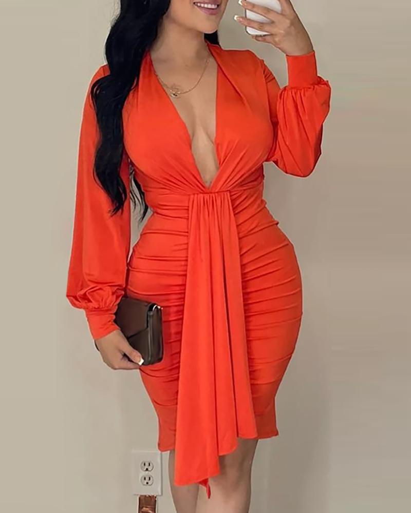 

Plunge Lantern Sleeve Ruched Midi Dress, Orange