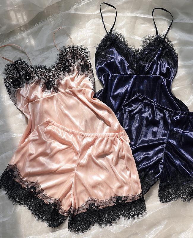 

Eyelash Crochet Lace Patch Satin Cami Set, Dark blue