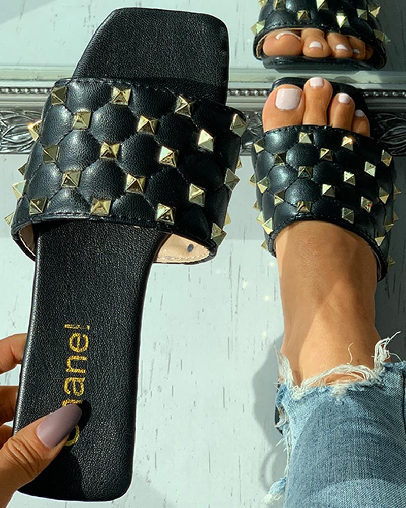

Quilted Rivet Decor Square Toe Flat Sandals, Black