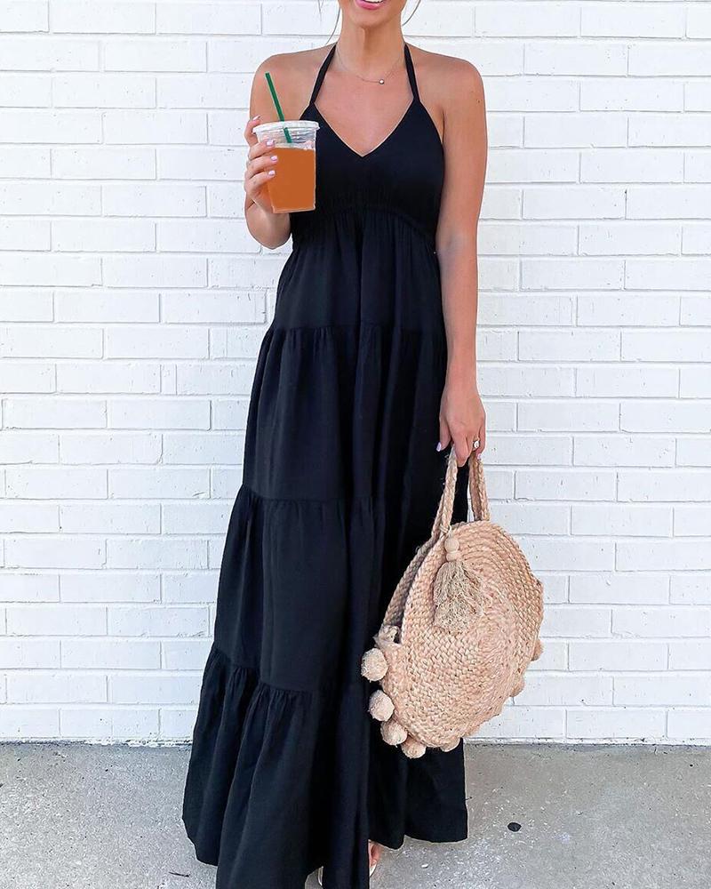 

Halter Ruched Plain Casual Maxi Dress, Black
