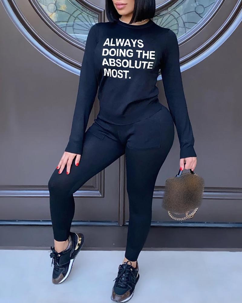 

Letter Print Long Sleeve Top & High Waist Pants Set, Black