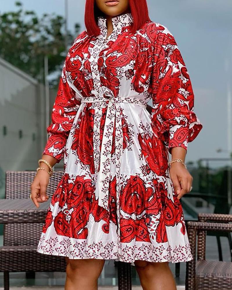 

Paisley Print Long Sleeve Casual Dress, Red