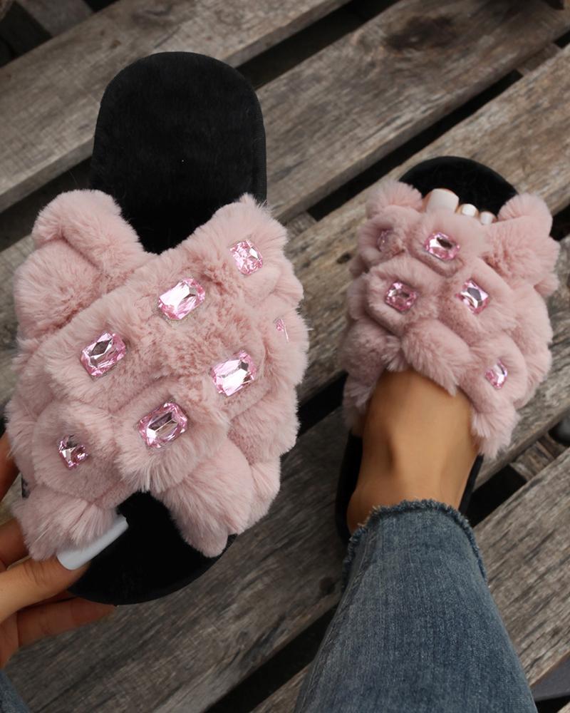 

Gem Stone Cross Strap Fuzzy Slippers, Pink