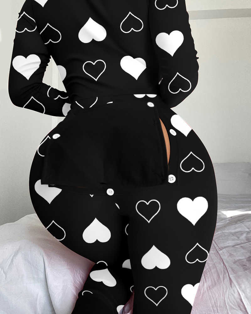 

Heart Print Functional Buttoned Flap Sleep Onesie, Blackwhite