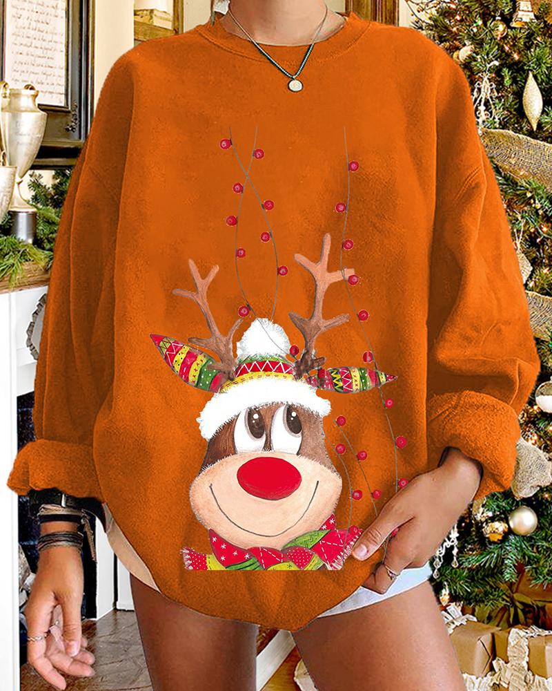 

Christmas Reindeer Print Round Neck Sweatshirt, Orange