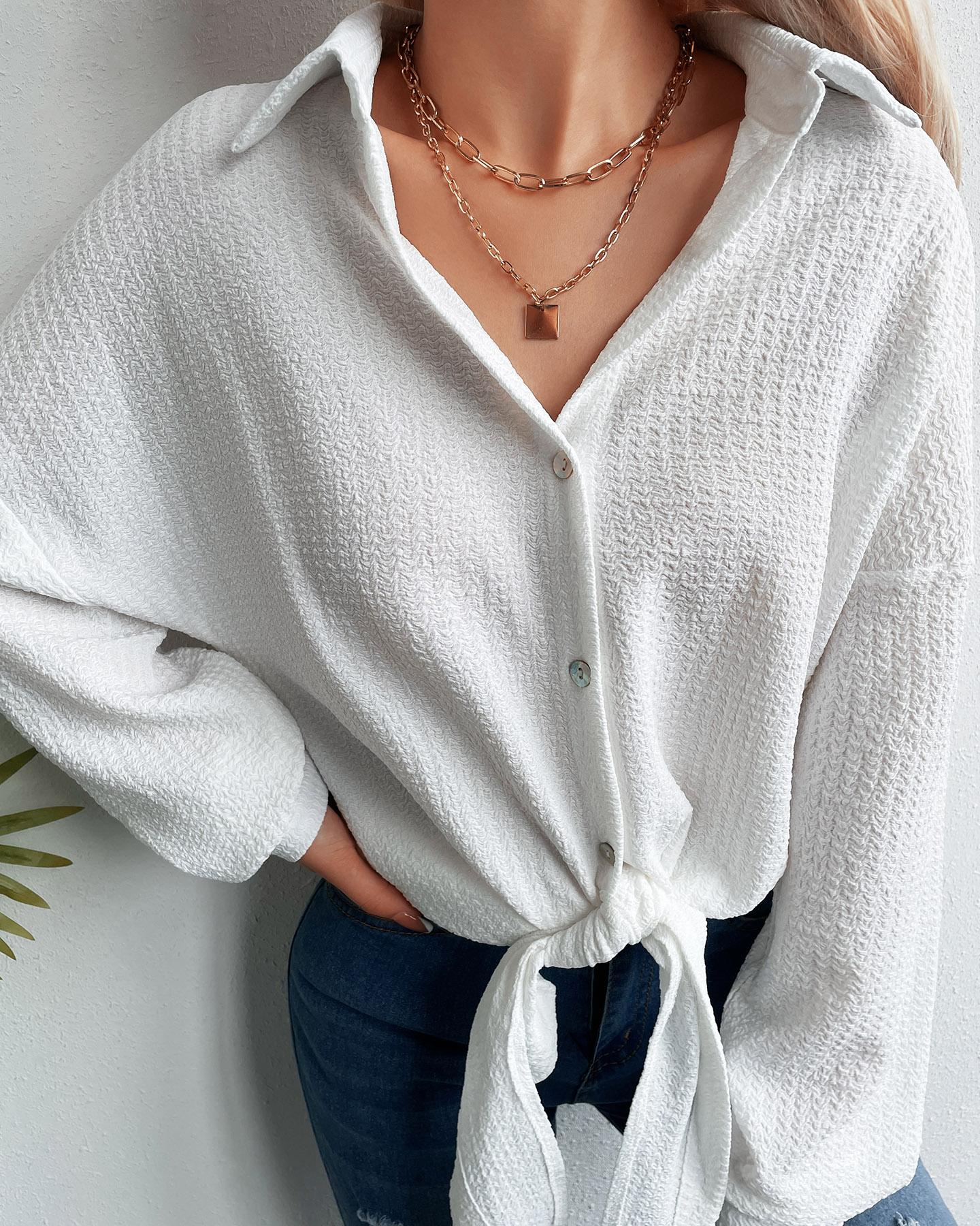 

Solid Button Front Drop Shoulder Top, White