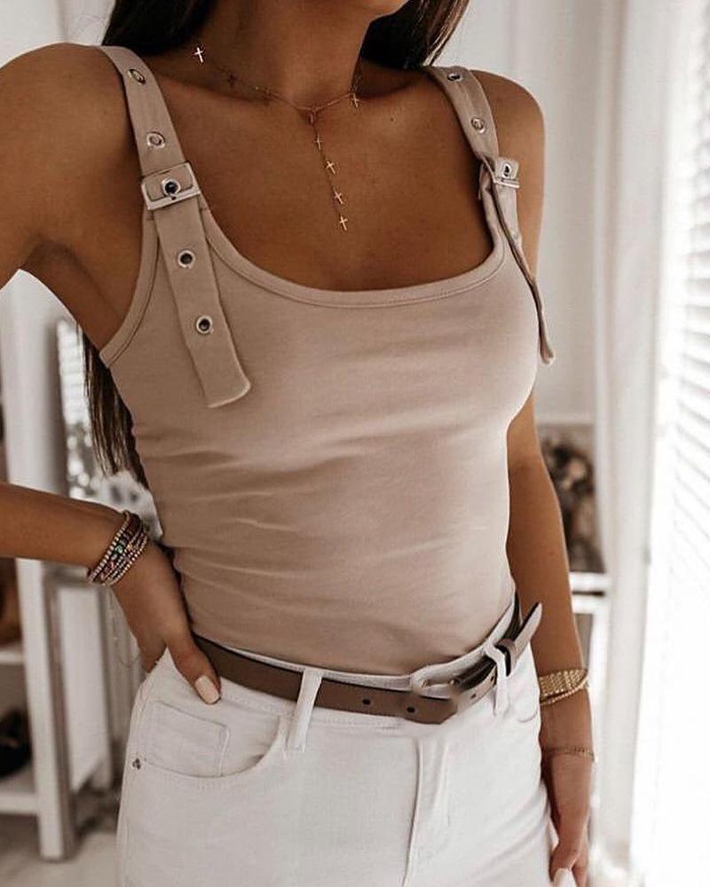 

Eyelet Buckled U-Neck Tank Top, Khaki