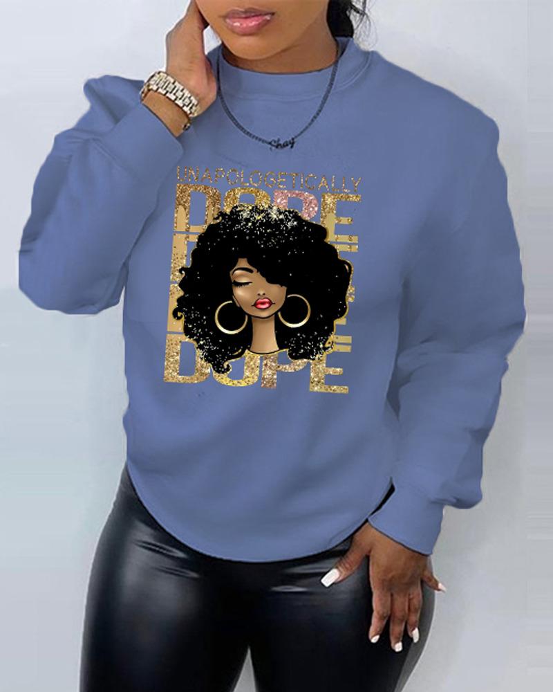 

Plus Size Figure Letter Print Long Sleeve Sweatshirt, Lighted blue