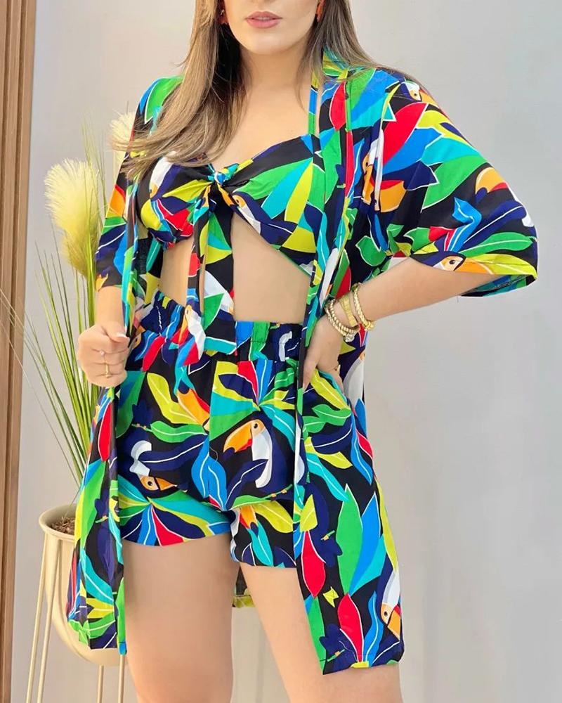 

Tropical Print Top & Shorts Set With Tied Detail Bralette, Multicolor