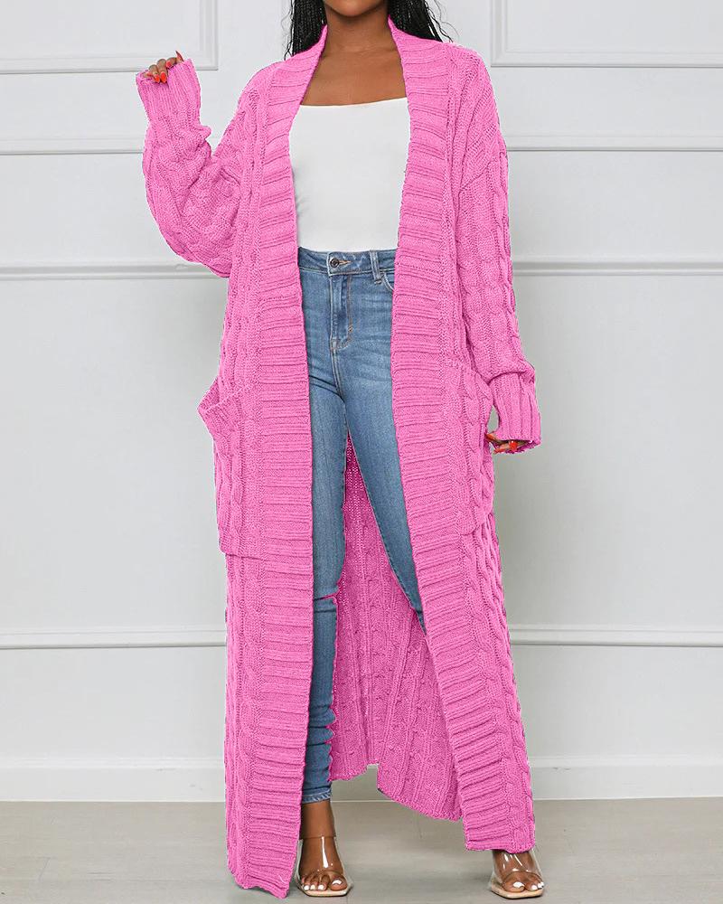 

Pocket Design Cable Longline Knit Cardigan, Pink