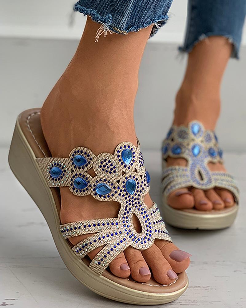 

Rhinestone Cutout Peep Toe Wedge Sandals, Blue