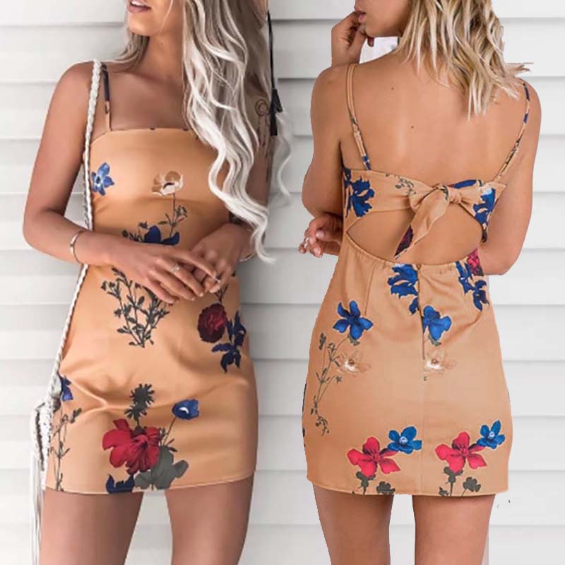 

Sexy Tied Open Back Floral Mini Slip Dress, Orange