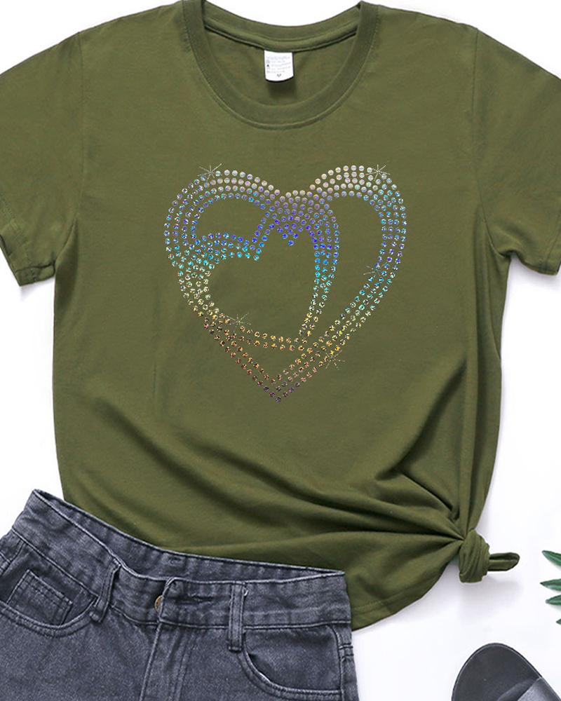 

Valentine' Day Rhinestone Heart Pattern Short Sleeve Top, Green