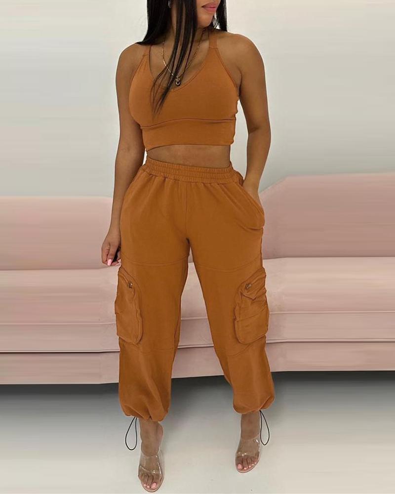 

Tank Top & Cuffed Pocket Design Pants Set, Brown