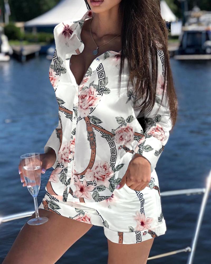 

Floral Print Buttoned Top & Pocket Design Shorts Set, White