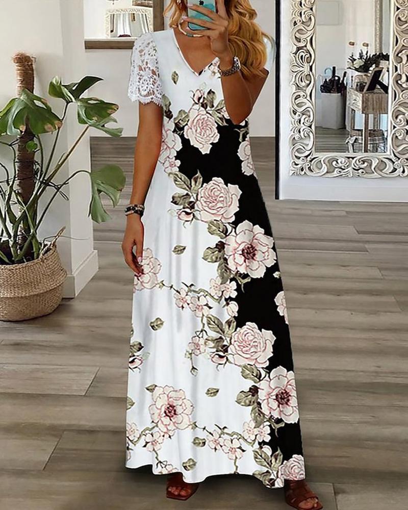 

Floral Print Lace Patch Maxi Dress, White