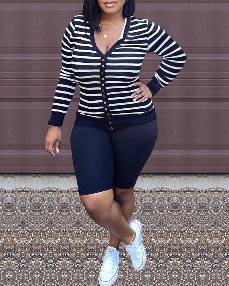 

Striped Press Button Long Sleeve Top & Shorts Set, Black