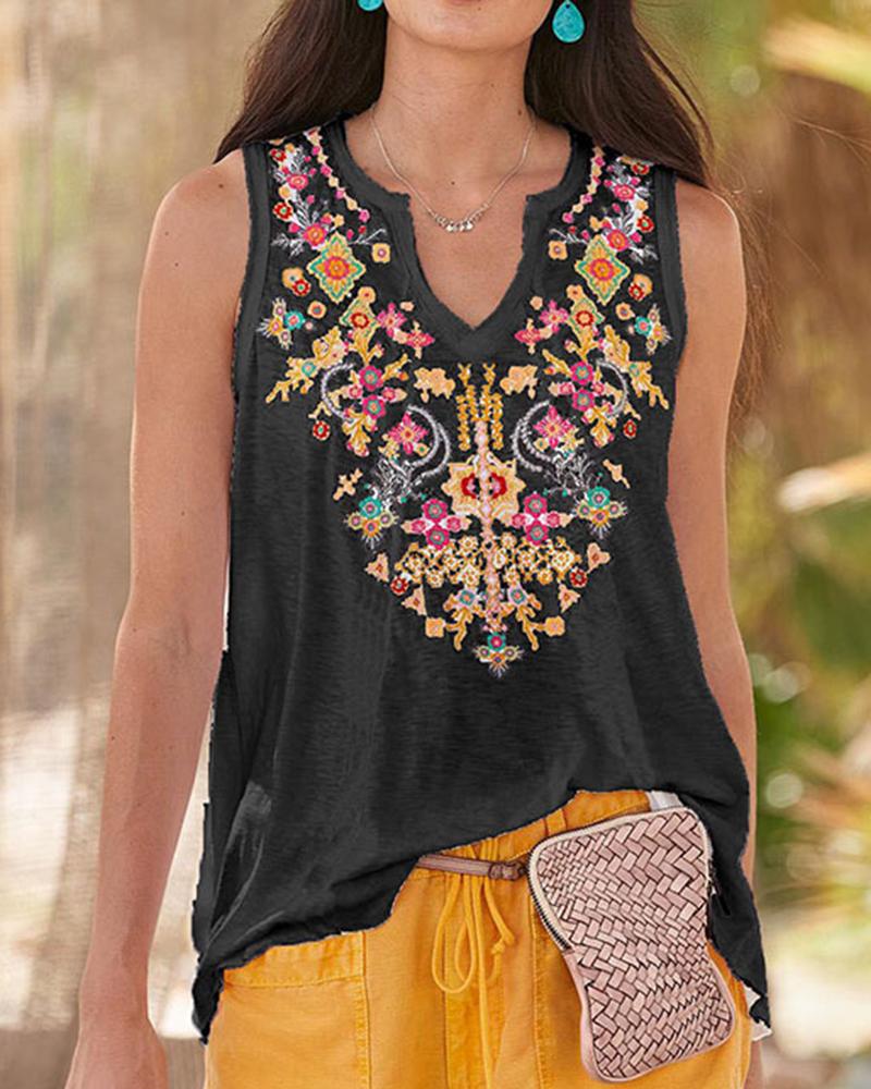 

Tribal Print Notch Neck Tank Top, Black