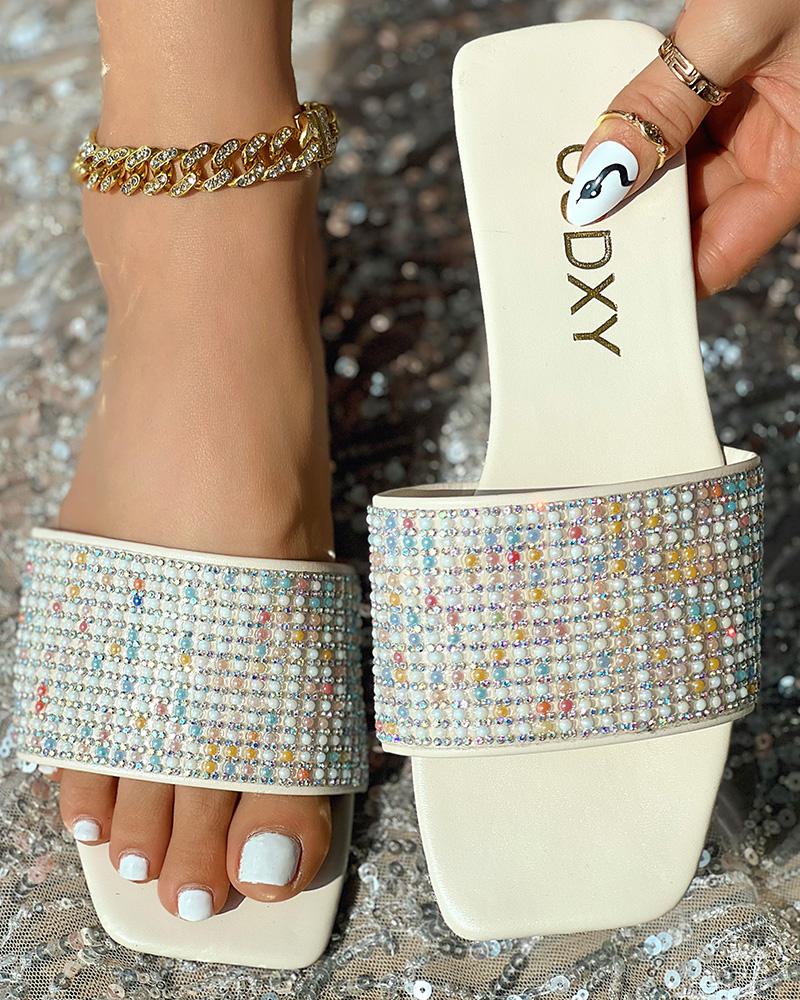 

Rhinestone Wide Strap Beach Slippers, Beige