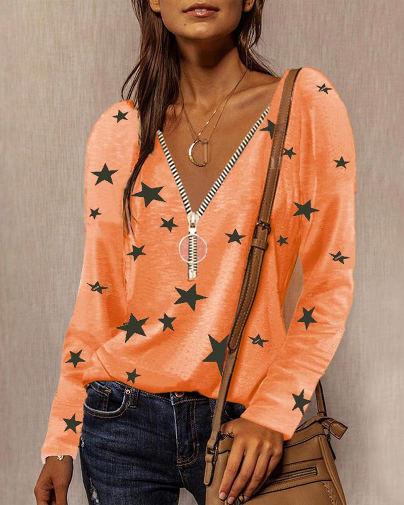 

Star Print Long Sleeve Zip Front Top, Orange