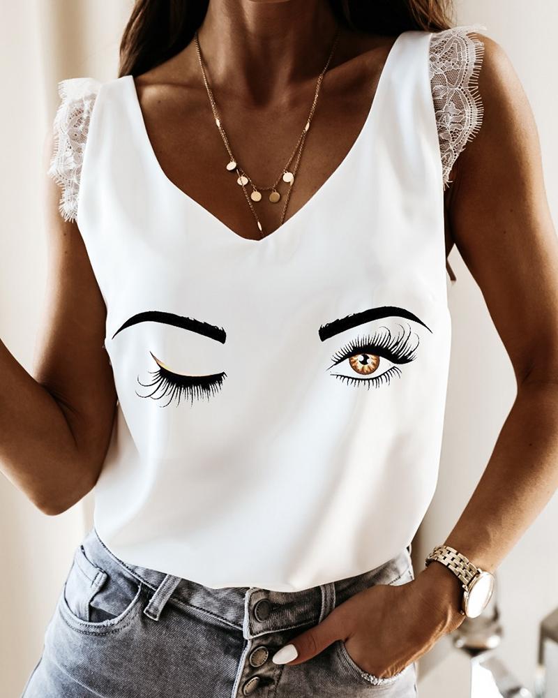 

Eyelash Lace Eyes Print Sleeveless Casual Top, White