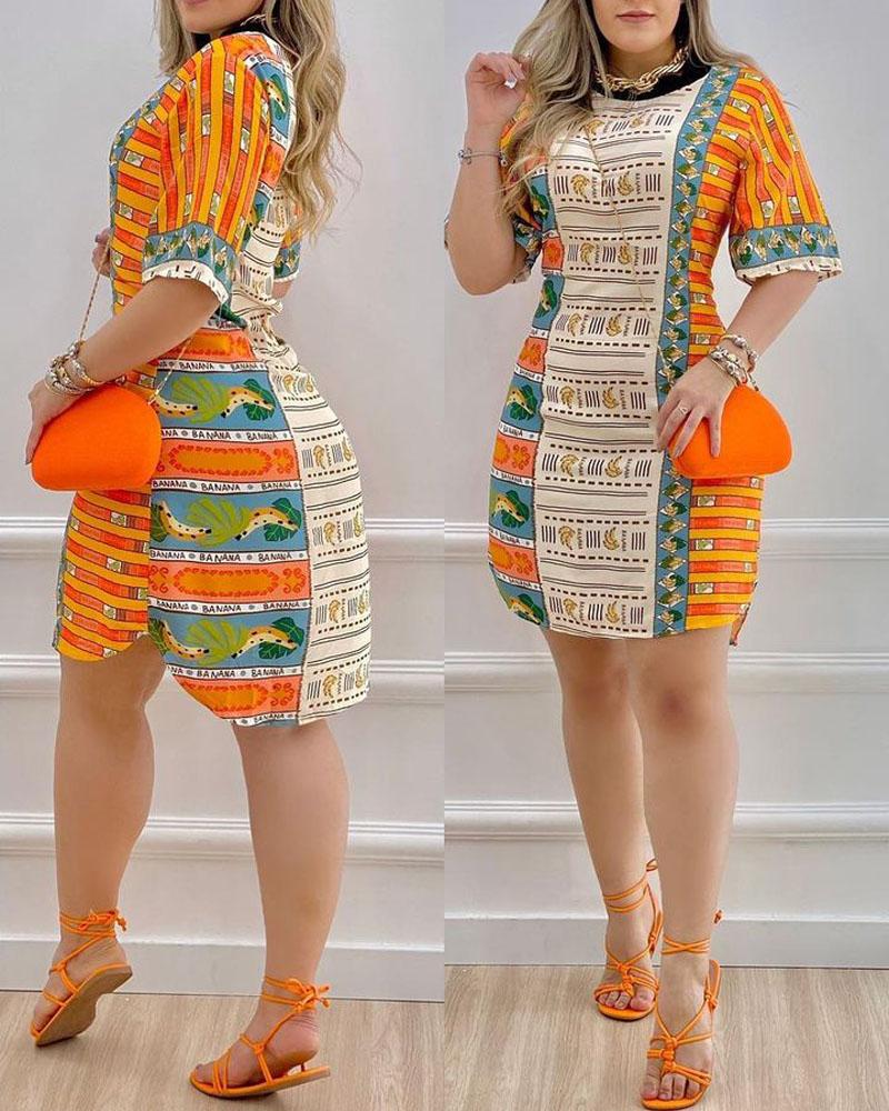 

Patchwork Banana Graphic Print Dress, Orange