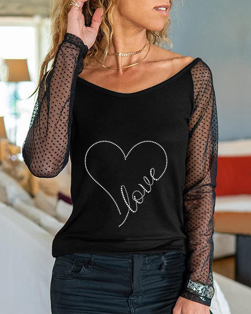 

Valentine' Day Dot Mesh Long Sleeve Rhinestone Top, Style5