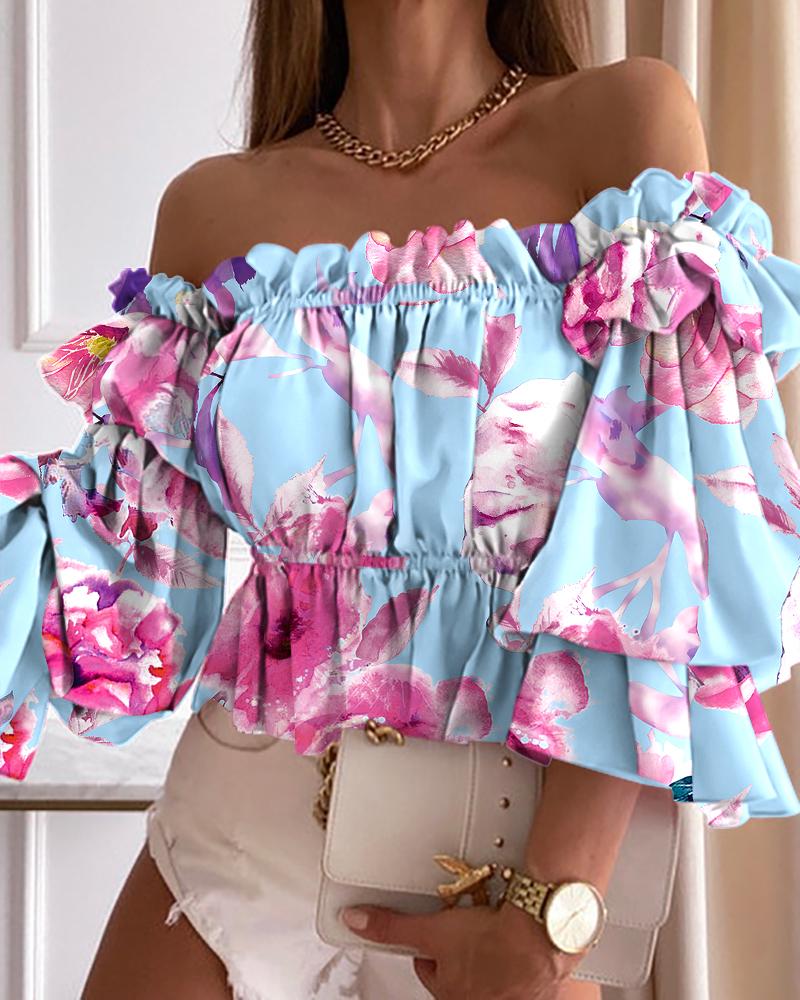 

Floral Print Off Shoulder Frill Hem Top, Blue